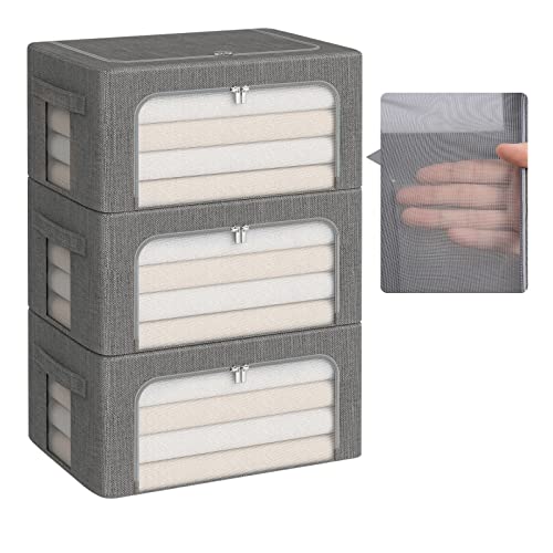 Faikhom 3 Pack Clothes Storage Bins Stackable Storage Box Large Capacity Foldable Metal Frame Storage Container Organizer With Mesh Window And Carrying Handles (Small-22L, Gray) #TOP27