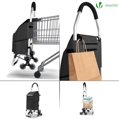 VOUNOT® Carrello Spesa Pieghevole in Alluminio, Carrello Portaspesa 6 Ruote con Borsa Oxford Staccabile e Ganci, 58 L, Nero - 4