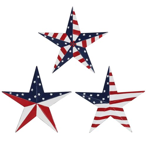 YEAHOME 4th of July Decorations Outdoor 3 PCS Metal Star Wall Art for Fourth of July Decor Blue Red White Patriotic Decor Memorial Day Decorations for Outdoor Garden