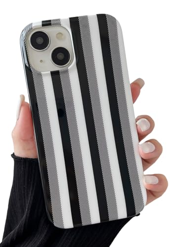 Coque iPhone 14/15 Plus rayée chic et antichoc en TPU souple Noir et Blanc pour femme