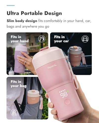 Papablic Portable Bottle Warmer Pro for Travel – Fast Heating, Built-in Sterilizer, 30W Fast Charge, 5-Temp Control, Easy-Clean Wide Mouth, Baby Milk Warmer for Breastmilk & Formula, Sakura Pink