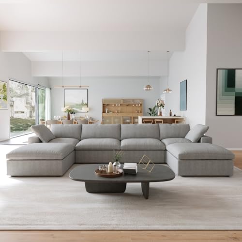 Image of JACH U-Shaped Couches for Living Room, 6-Seats Modular Convertible Sectional Sofa Couch, Couch Cushion Covers Removable, Comfy Sofas with Chaise Ottomans for Apartment Bedroom Office (Grey)