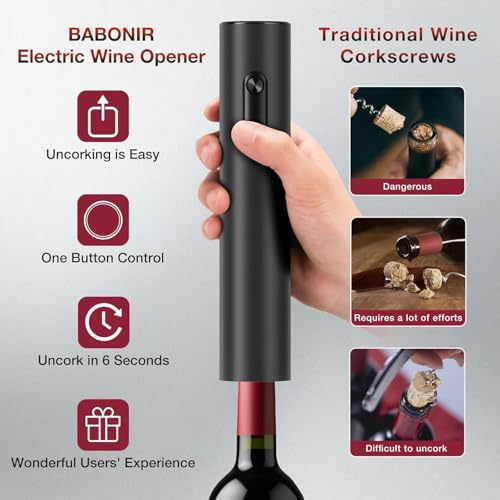 Image of PEIPU Electric Wine Opener Set, Battery Operated 5-in-1 Wine Gifts for Wine Lovers with Storage Base, Foil Cutter, Wine Aerator Pourer & Vacuum Stoppers, Onyx Black