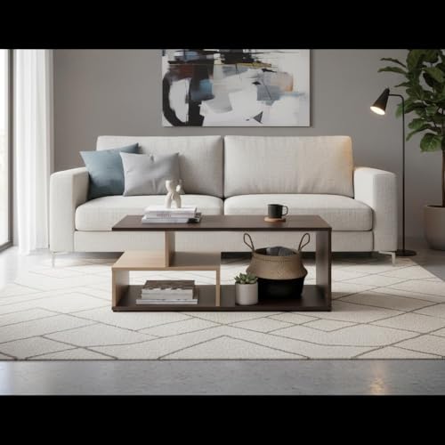 Image of RIZIK STORE Engineered Wood Coffee Table in Walnut Finish | Modern Living Room Center Table with Suede Texture | Sofa & Tea Table | DIY Installation | Warranty Protected (Brown & Cream) (90x50x35cm)