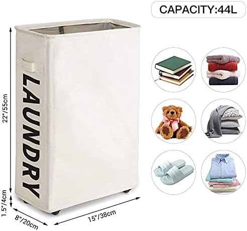 WOWLIVE Slim Laundry Basket Small Washing Basket Foldable Laundry Hamper Collapsible Laundry Bag Narrow Laundry Bin with Wheels (beige)