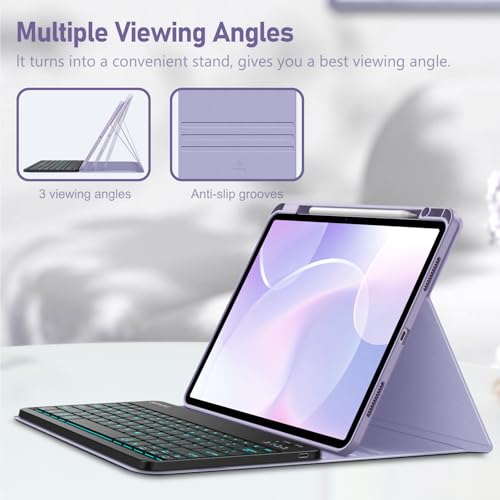 Image of FINTIE Keyboard Case for iPad Air 13-inch M4 /M3 /M2 (2026 /2025 /2024) with Pencil Holder - Soft TPU Back Cover with Magnetically Detachable Bluetooth Keyboard, Backlight /Lilac Purple