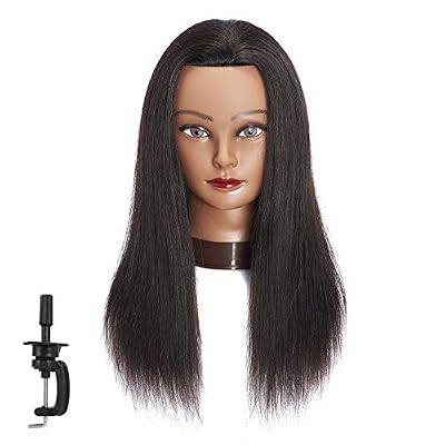Traininghead 20-22 Female 100% Human Hair Mannequin Head Hair Styling Training Head Cosmetology Manikin Head Doll Head for Hairdresser with Free Clamp (Black)