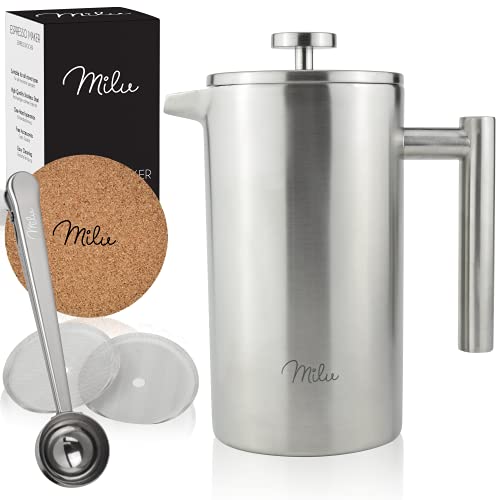 Milu French Press Kaffeebereiter | 350ml, 600ml, 1L | Edelstahl Kaffeepresse, Kaffeezubereiter für Zuhause Reisen Camping inkl. Untersetzer, Löffel, Ersatzfilter (Edelstahl, 350ml (2 Tassen)