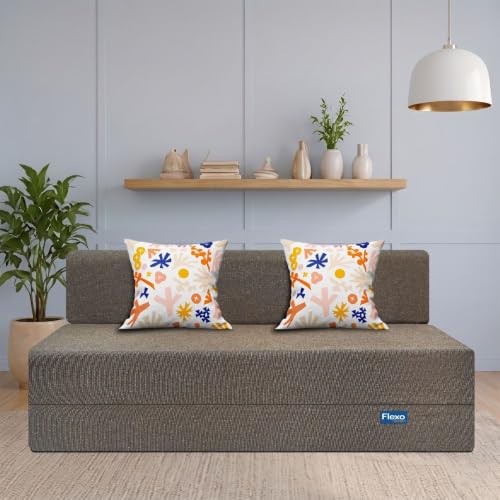 Image of Starlon 3 Seater Sofa Cum Bed Foldable 3-in-1 Sofa Bed with 1 Year Warranty, Washable Jute Fabric Cover & 2 Floral Pillows | Guest Bed | Coffee Brown 6x6 Ft