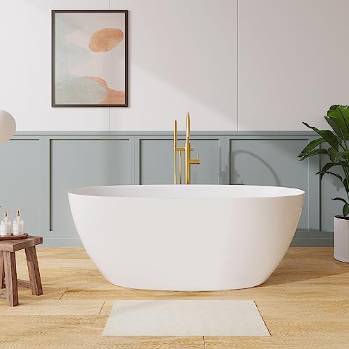Artstone 55 Inch Stone Resin Freestanding Bathtub, Thin Edge Classic Oval Shaped Solid Surface Bathroom Freestanding Tubs, Overflow And Pop-Up Drain Included, White #TOP15