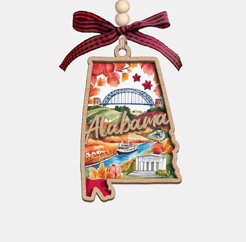 Moonlit93 Alabama State Christmas Wooden Ornament - 2-Layer Laser-Cut Wooden Keepsake - Rustic Holiday Decor & Ideal Travel Gift for Women Men Family & Friends - Alabama Locals Gift