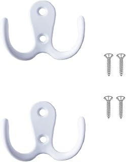 Lansonee 2-Pack White Double Prong Robe Hooks - Sturdy Wall Mounted Dual Coat Hooks for Bathroom Bedroom, Holds 40lbs Each