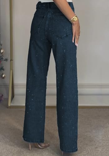 Women's Rhinestone Jeans High Waist Sright Leg Baggy Y2K Sparkly Vintage Wash Trousers Denim Pants4
