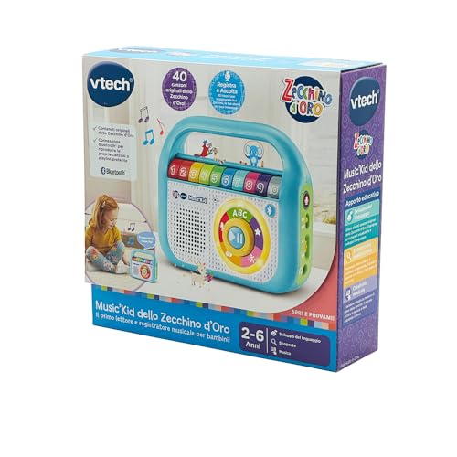 VTech Music'Kid ze złotą szynką, odtwarzacz MP3 dla dzieci z 40 oryginalnymi piosenkami ze złotego kleika, tryb nagrywania, odtwarzacz Bluetooth dla dzieci, język włoski, baterie w zestawie, 2-6 lat