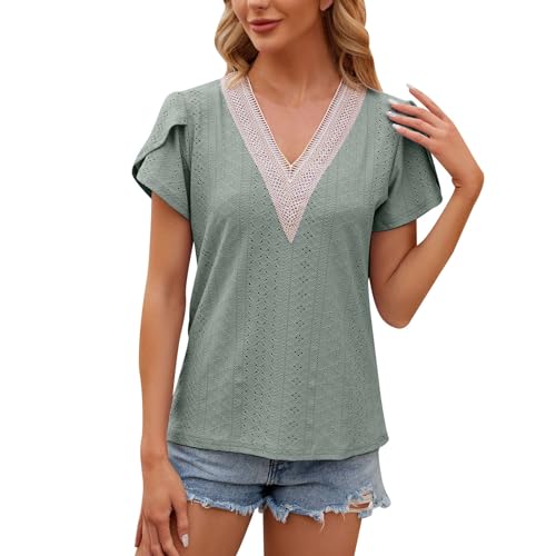 Camiseta informal de manga corta para mujer, de encaje, cuello en V, para verano, holgada, de gran tamaño, verde, XL