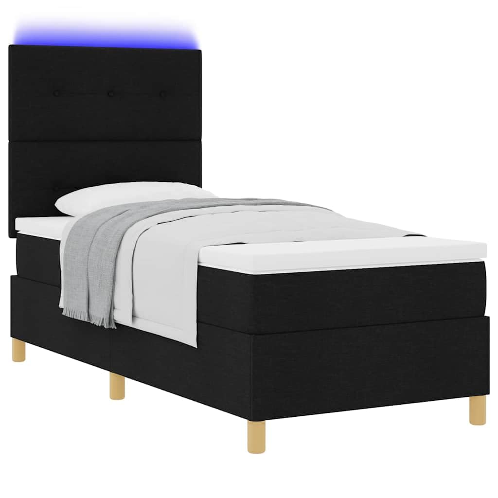 Cama con somier LED con cabecero negro, 80 x 200 cm, tela, cama de madera maciza, cama individual con tiras LED RGB, cabecero ajustable, colchón transpirable