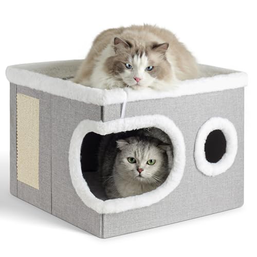 Niche couverte pour chat avec tapis à griffer et balle de jeu suspendue