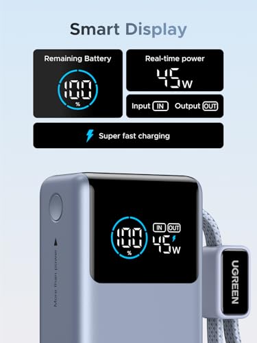 Image of UGREEN 55 W Power Bank 10000 mAh with Integrated Cable, Mi Turbo Charge for Xiaomi, 45 W PD Quick Charge Compatible with iPhone 17 /16 /15, External Mobile Phone Battery for Galaxy S25 Ultra and More