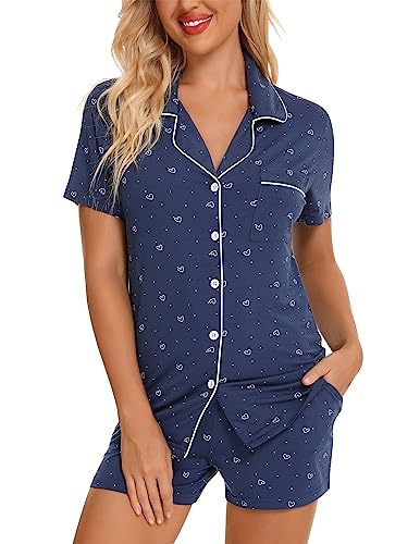 Image of Pjmlifecoco Women's Modal Pajama Set Short Sleeve Button Down Two Piece Soft Sleepwear with Shorts Loungewear S-XXL