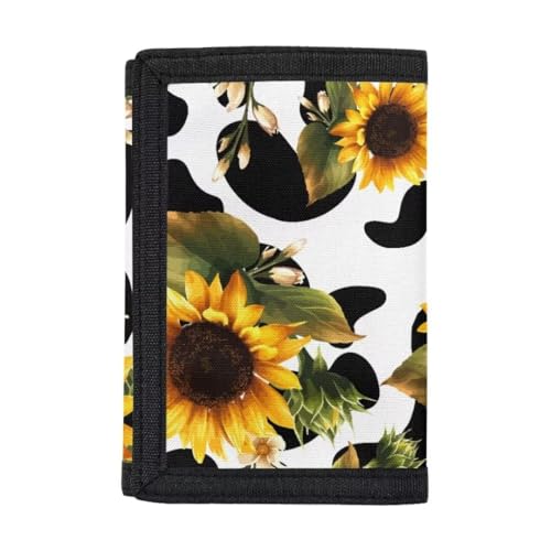 Yellow Sunflower Children's Wallet for Girls Black Cow Spots Three Fold Wallet Card Case Lightweight Thin Wallets for Women