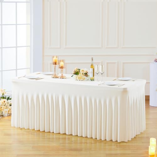 Image of Besutolife Ivory Table Skirt 8ft Spandex Tablecloth for Rectangle Table Banquets Parties Wedding Dining Table 8ft