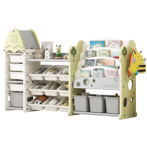 Image of Merax Toy Storage Organizer with Kids Bookshelf, Toy Organizer with 17 Bins and 5-Tier Bookshelf for Kids Bedroom Playroom Living Room (All-in-One, Green)