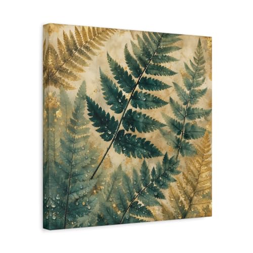Canvas wall art print nature ferns green gold 40x40 cm pour salon