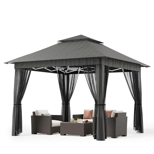 Bealife 11×11 Pop Up Gazebo Tent with Mosquito Netting, Instant Gazebo, Party Tent with Roller Bag, Pop Up Canopy Tent for Parties Patio Lawn Backyard Garden Deck, Grey