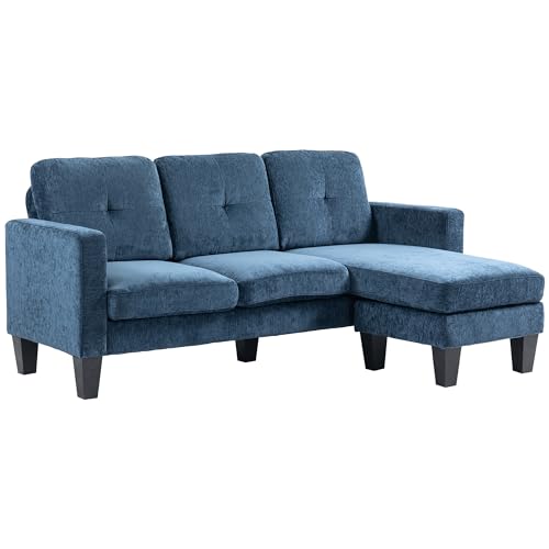 HOMCOM Sofá Esquinero Sofá en Forma de L Tapizado en Poliéster Chaise Longue Reversible con 3 Cojines para Salón Carga 180 kg 186x130x84 cm Azul