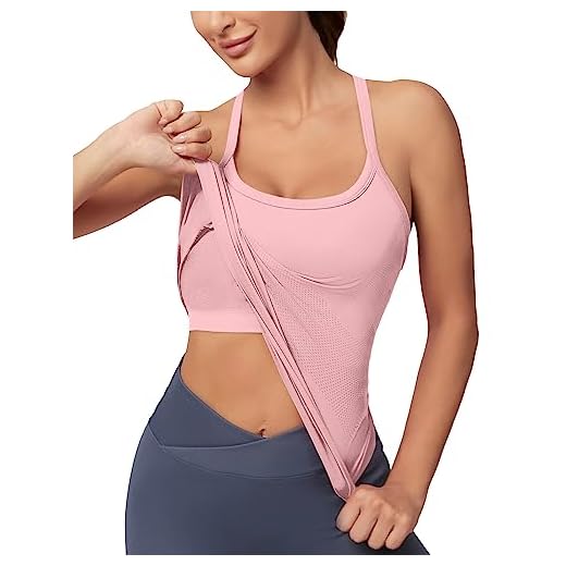 MathCat Seamless Workout Tank Tops for Women with Built in Bra, Spaghetti Strap Padded Gym Tops, Racerback Sports Athletic Slim Yoga Shirts Camisole Pink