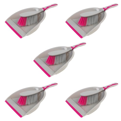 Kleeneze COMBO-5124 Deluxe Space Saving Dustpans & Brushes, Set of 5, Grey/Pink