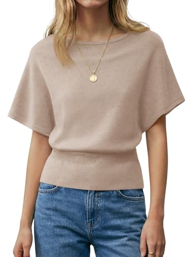 Saodimallsu Womens Boat Neck Summer Tops Batwing Dolman Short Sleeve Trendy Ribbed Knit Cinched Waist Knit Sweater Top Khaki