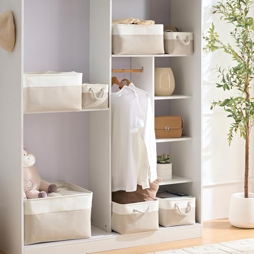 Mangata Aufbewahrungsbox Stoff,Klein Waschbare Aufbewahrungskorb, Korbe in Würfel für Schrank Regal und Kleidung(Hellbeige/Weiß, S, 1 Set)