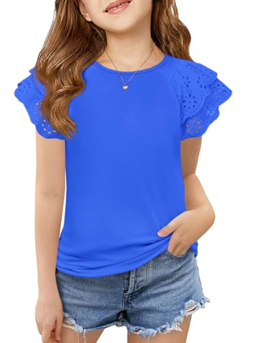 Image of Haloumoning Girls Ruffle Sleeve T Shirts Summer Short Sleeve Casual Cute Crewneck Tops Tees 5-14 Years