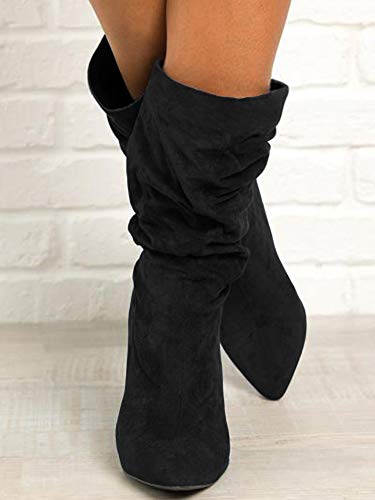 Syktkmx Womens Mid Calf Dress Boots Slouchy Pointed Toe Fall Winter Chunky Block High Heel Slip On Boots #TOP3