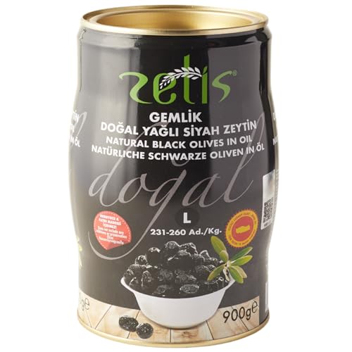 Zetis Gemlik Turkish Black Olives Whole Unpitted (With Stone), 100% Natural Ingredients, Award-Winning, Thick Flesh, Easy Pit Separation, No Preservatives/Additives, 900g