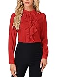 LYANER Women's Mock Neck Button Down Ruffle Front Long Sleeve Work Shirt Blouse Tops Red Large