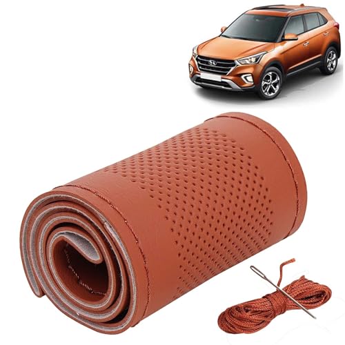 Image of KINGSWAY PU Leatherite Car Steering Cover Sewable Compatible with Hyundai Creta (Year 2018-2019), Tan Color with Tan Thread, Pack of 1 with Sewing Needle and Thread