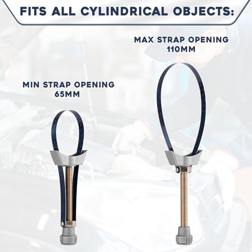 EFFEKTWERK Ölfilterschlüssel mit verstellbarem Riemen (65 mm – 110 mm), robustes Aluminium-Stahlband, universelles Werkzeug zum Entfernen des Filters für PKW und LKW