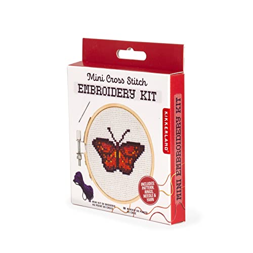 Image of Kikkerland DIY Mini Cross Stitch Butterfly Embroidery Craft Starter Kit Set, with Pattern Instructions, 3 inch Bamboo Hoop, Stress Relief, Adult Beginner Friendly