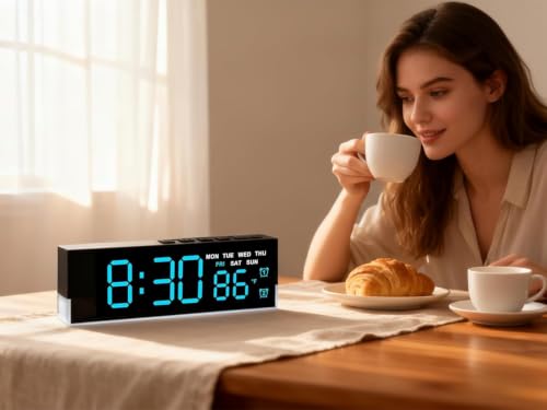 Image of DRUCILA 7-Inch LED Digital Alarm Clock with Bottom Glow Light|Displays Time, Date, Day, Temperature|Dual Alarms, DST, Manual 3-Level Brightness, USB Powered Desk Clock,Blue fornt and White case Cover