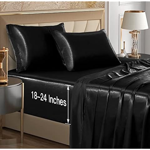 VACVELT 4pcs Extra Deep Pocket Satin Sheets Queen Size Bed Set, Black Satin Sheet Set Fit 18-24 Inch Deep Pocket Mattress, Silky & Luxury Satin Bedding Set Soft & Ultra Deep Fitted Sheet Set Cover
