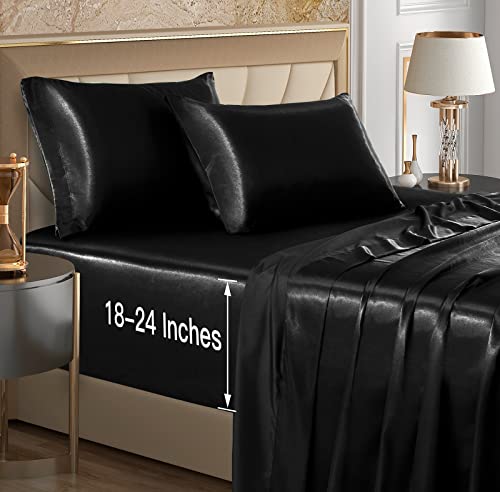 VACVELT 4pcs Extra Deep Pocket Satin Sheets Queen Size Bed Set, Black Satin Sheet Set Fit 18-24 Inch Deep Pocket Mattress, Silky & Luxury Satin Bedding Set Soft & Ultra Deep Fitted Sheet Set