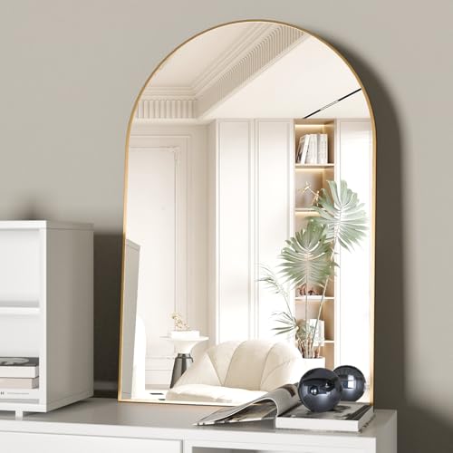 CASSILANDO Espejo de pared abovedado de 60 x 90 cm, espejo de baño curvado, espejo de tocador grande con marco de metal, espejo de pared curvado para entrada, chimenea, dormitorio (dorado)