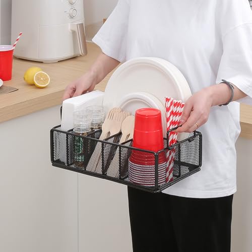 Remittur Paper Plate Dispenser with Handle, Metal Paper Plate Holders for Kitchen Counter, Utensil Holder Organizer with 6 Compartments, Silverware Holder Caddy for Cup Fork Spoon Napkin Party Camping - Image 2