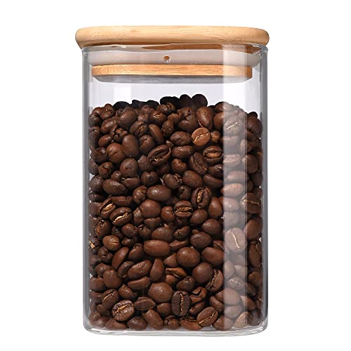Glass Jar With Lid(14Oz),Clear Glass Food Storage Jar With Airtight Bamboo Lid Square Stackable Kitchen Canister For Candy,Coffee,Cookie,Sugar,Flour,Pasta,Nuts And Spice Jar #TOP18