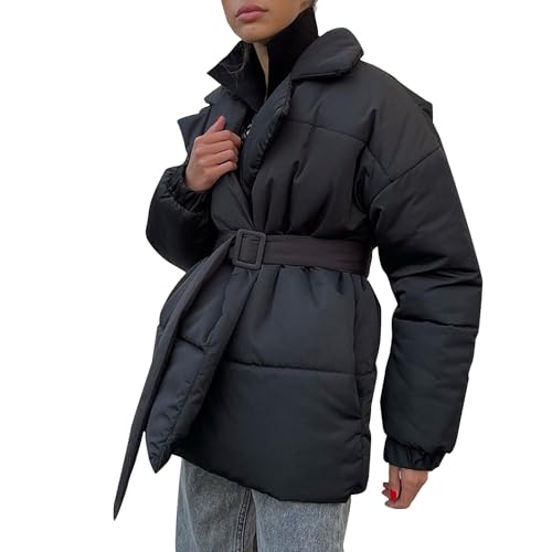 FUPODD Daunenjacke Damen Winter Steppmantel Damen Dicke Winterjacke Warm Daunenmantel Mit Gürtel Wintermantel Revers Outdoor Steppjacke Frauen Mit Taschen Puffer Jacke Bequemes Mantel Winddicht