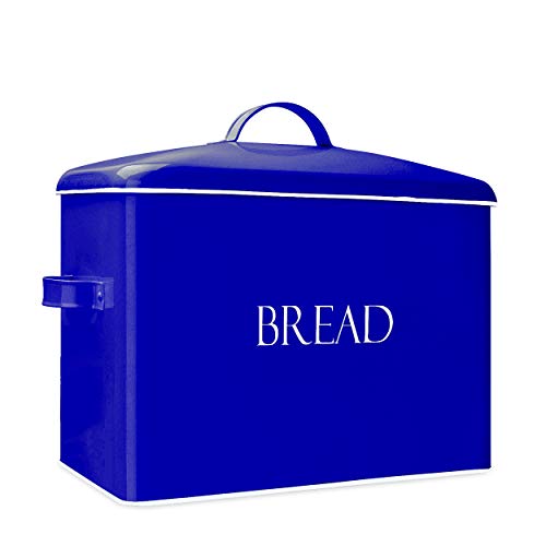 Blue Vintage Metal Bread Bin - Countertop Space-Saving, Extra Large, High Capacity Bread