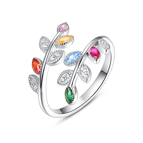 PRAYMOS 925 Sterling Silver Dainty Leaf Rings Rainbow Adjustable Open Ring for Women Cubic Zirconia Tree Jewelry Gifts for Women