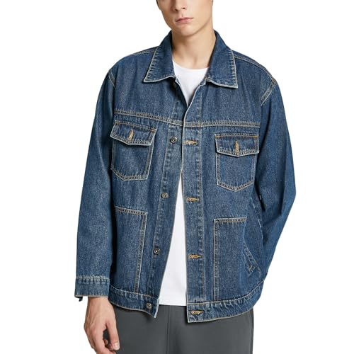 Image of Denim Jacket Men Vintage Autumn and Winter Tops Mens Denim Trucker Jacket